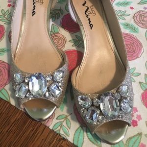Touch of Nina Gold Jeweled Peep Toe Bridal Wedges